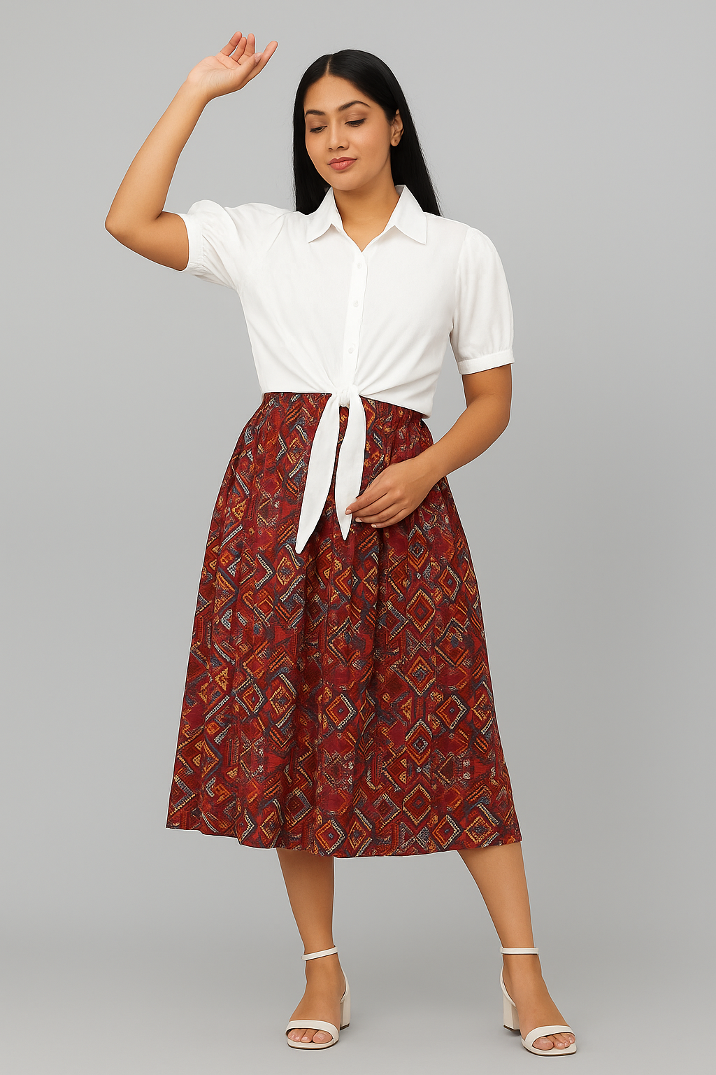 Cotton Blend Dress for Women (Red & White, S)