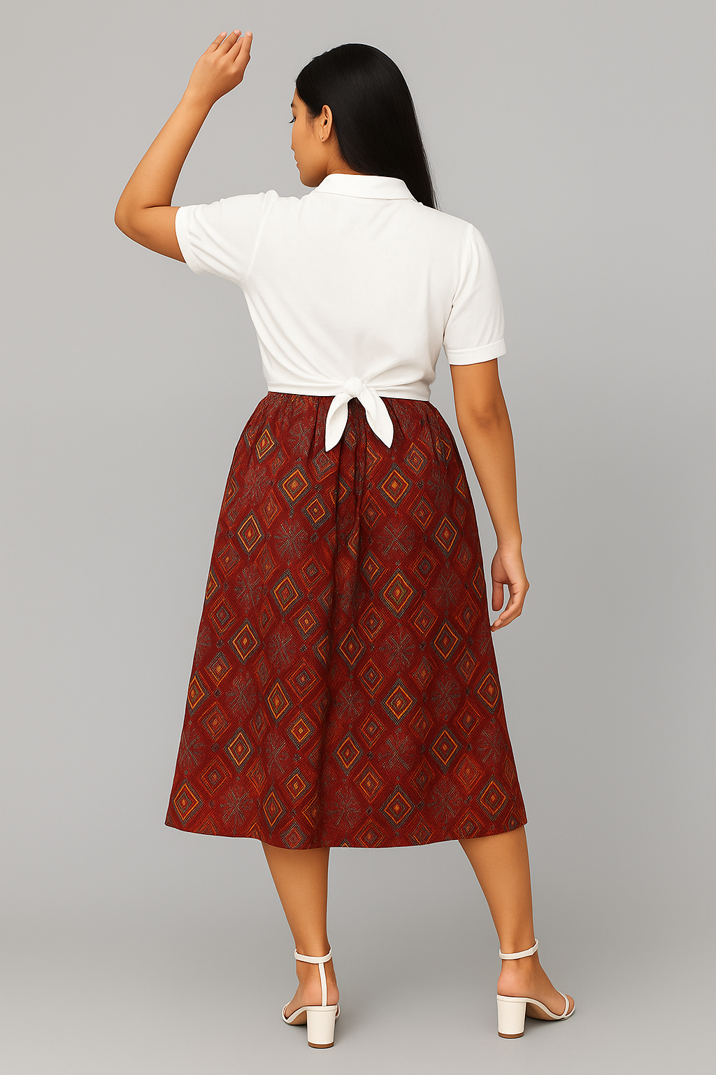 Cotton Blend Dress for Women (Red & White, S)