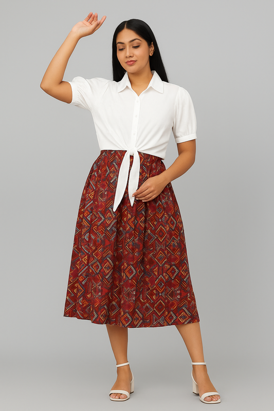Cotton Blend Dress for Women (Red & White, S)